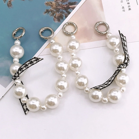 Catena per Telefono in Finte Künstliche Perle Fiocco Pied-de-poule Nastro Ciondolo Borsa Fibbia Anello a Molla Argento Accessorio DIY Donna