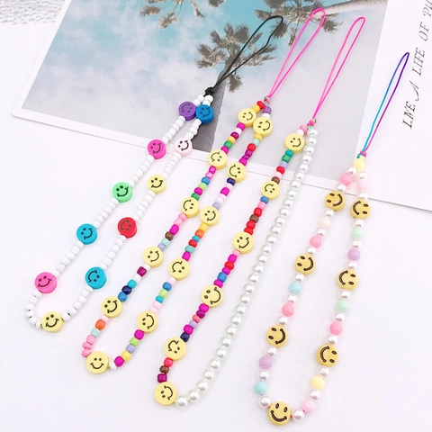 Handmade Colorful Beaded Phone Lanyard Smiley Face Pattern Faux Artificial Pearl Resin Acrylic Beads Phone Strap Accessory For Women Girls