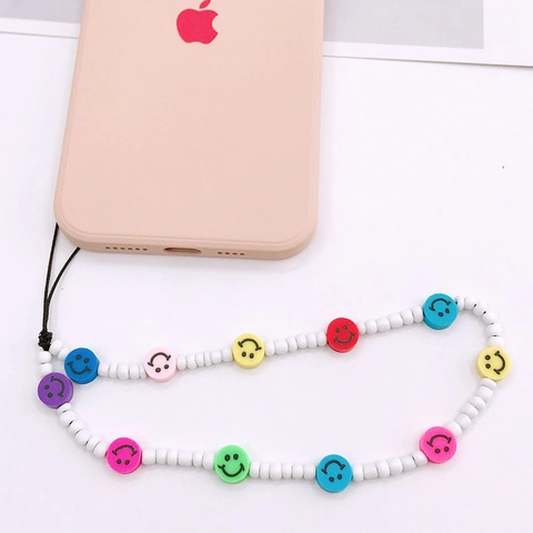 Handmade Colorful Beaded Phone Lanyard Smiley Face Pattern Faux Artificial Pearl Resin Acrylic Beads Phone Strap Accessory For Women Girls