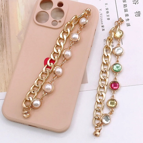 Luxury Gold Plated Alloy Double Layer Phone Case Chain Charm With Faux Artificial Pearl Colorful Rhinestone Heart Pendant For Women