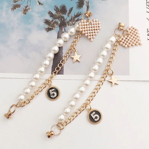 Luxury Artificial Pearl Gold Alloy Double Chain Phone Strap With Heart Star And Number Five Charms Elegant Women Phone Accessory