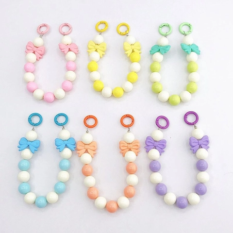 Macaron Acrylic Round Bead Bow Bag Charm For Women Candy Color Phone Strap With Metal Spring Clasp Sweet Decorative Chain