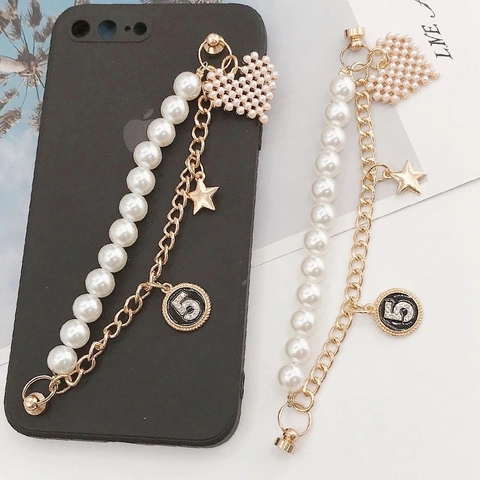 Luxury Artificial Pearl Gold Alloy Double Chain Phone Strap With Heart Star And Number Five Charms Elegant Women Phone Accessory