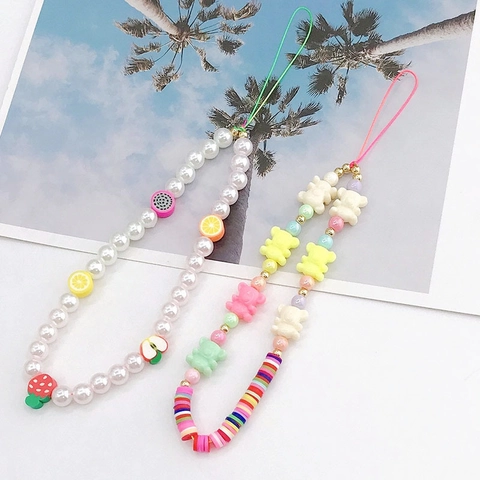 Handmade Beaded Phone Lanyard Colorful Polymer Clay Resin Bear Fruit Anti-lost Phone Strap For Women Girls Bag Charm Accessory