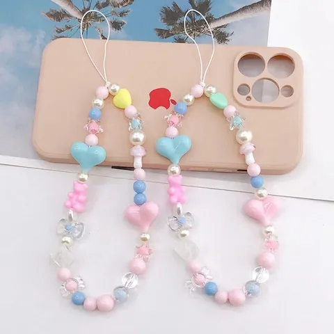 Macaron Beaded Phone Chain Lanyard Acrylic Heart Bear Star Charm Strap For Women Girls Phone Case Anti-Lost Decor