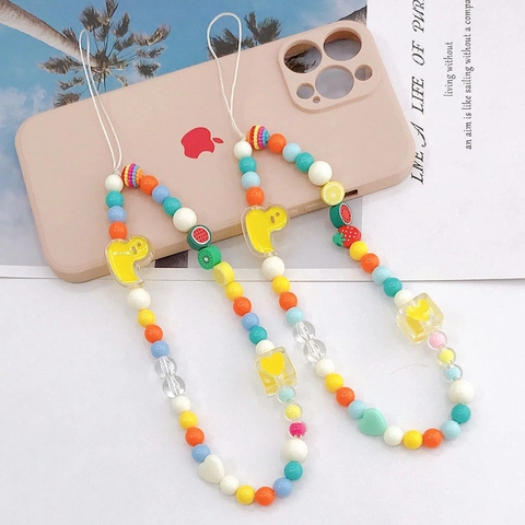 Colorful Handmade Beaded Phone Charm Cute Duck Fruit Resin Beads Anti-lost Wrist Strap Women Phone Accessories Lanyard