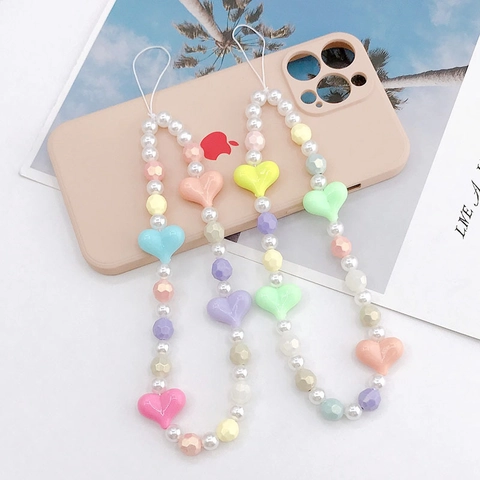 Korean Style Macaron Color Heart Beaded Phone Strap Faux Artificial Pearl Acrylic Phone Chain For Women Sweet Daily Decoration