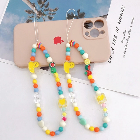 Colorful Handmade Beaded Phone Charm Cute Duck Fruit Resin Beads Anti-lost Wrist Strap Women Phone Accessories Lanyard