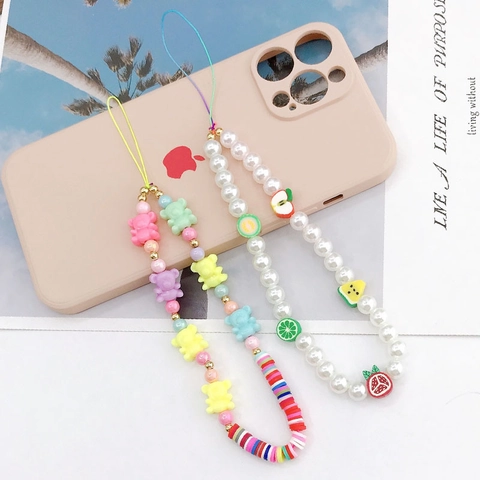 Handmade Beaded Phone Lanyard Colorful Polymer Clay Resin Bear Fruit Anti-lost Phone Strap For Women Girls Bag Charm Accessory