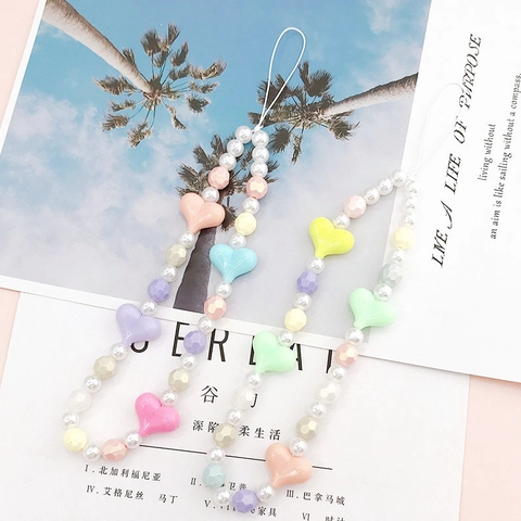 Korean Style Macaron Color Heart Beaded Phone Strap Faux Artificial Pearl Acrylic Phone Chain For Women Sweet Daily Decoration