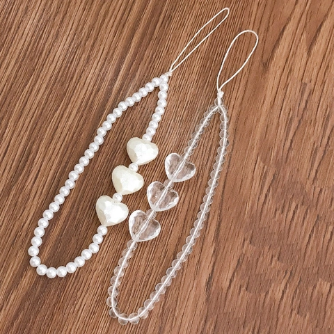 Cadena para Celular de Cuentas de Corazón y Perlas Artificiales Estilo Coreano Dulce Correa de Mano Transparente Accesorio Mujer