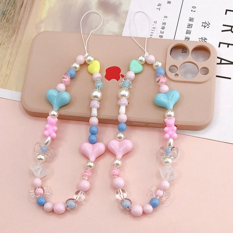 Macaron Beaded Phone Chain Lanyard Acrylic Heart Bear Star Charm Strap For Women Girls Phone Case Anti-Lost Decor