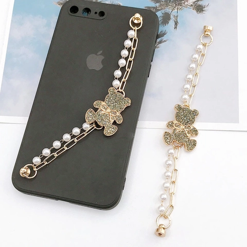 Luxury Gold Alloy Phone Charm With Rhinestone Bear Pendant White Faux Artificial Pearl Chain Anti-Lost Phone Strap Women Accessory