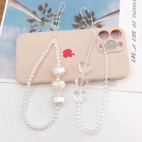 Cadena para Celular de Cuentas de Corazón y Perlas Artificiales Estilo Coreano Dulce Correa de Mano Transparente Accesorio Mujer