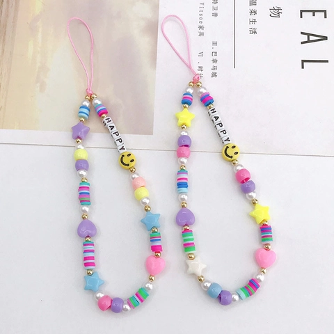 Handgefertigt Acryl Polymerton HAPPY Buchstabe Perlen Handykette Mit Künstlicher Perle Smiley Herz Stern Damen