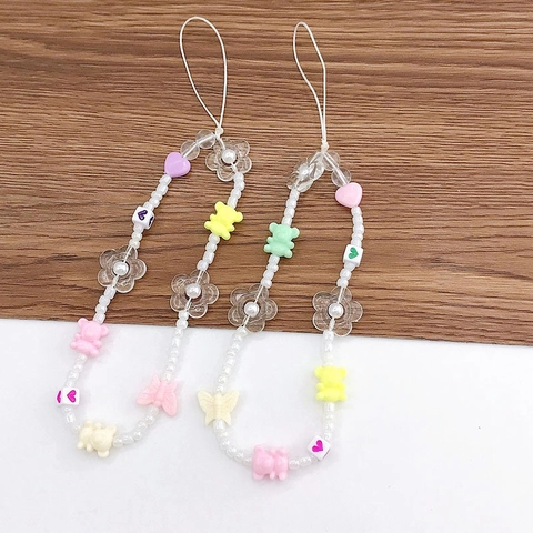 Simpatica Catena per Cellulare con Perline a Forma di Orsetto Fiore Cuore Macaron Multicolore in Resina Cordino Anti-smarrimento