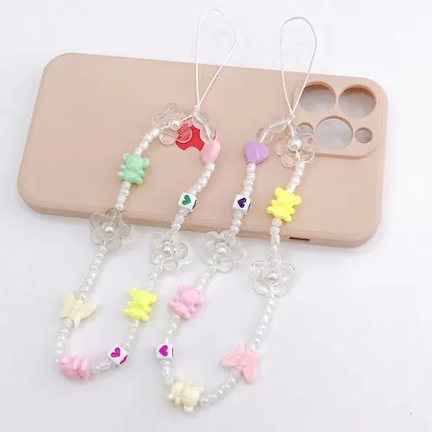 Simpatica Catena per Cellulare con Perline a Forma di Orsetto Fiore Cuore Macaron Multicolore in Resina Cordino Anti-smarrimento