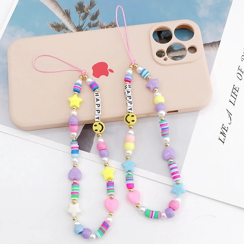 Handgefertigt Acryl Polymerton HAPPY Buchstabe Perlen Handykette Mit Künstlicher Perle Smiley Herz Stern Damen