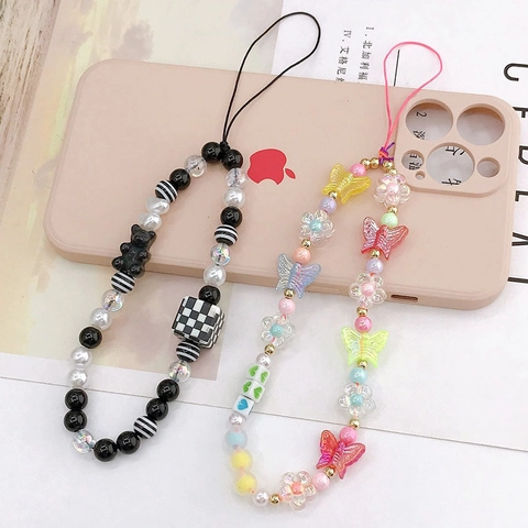 Colorful Butterfly Beaded Phone Chain Black White Checkerboard Bear Phone Lanyard Anti-Lost Resin Acrylic Phone Strap Charm For Women Bag Decor