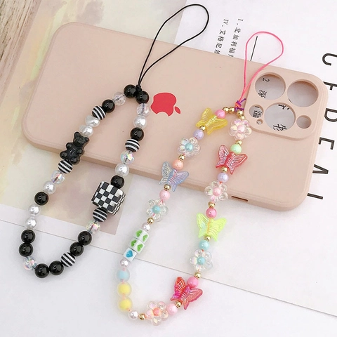 Colorful Butterfly Beaded Phone Chain Black White Checkerboard Bear Phone Lanyard Anti-Lost Resin Acrylic Phone Strap Charm For Women Bag Decor