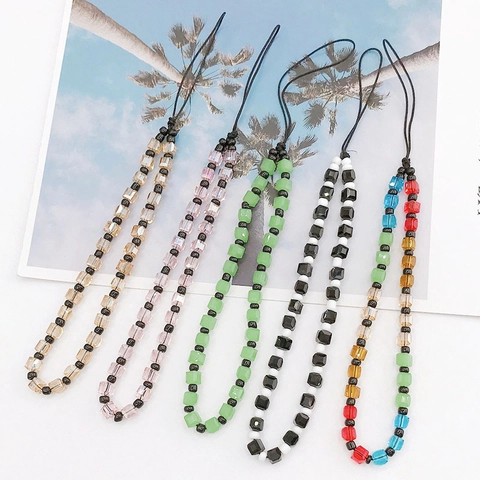 Women Glass Beaded Phone Lanyard Wrist Strap Anti-lost Mobile Phone Charm Square Beads Decorative String Fashion Accessory