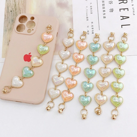 Acrylic Heart Mobile Phone Chain Women Resin Artificial Pearl Colorful Heart Shape Phone Case Decoration Hand Strap Ornament