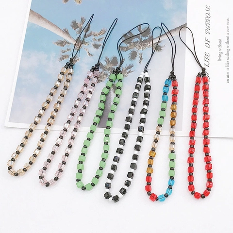 Women Glass Beaded Phone Lanyard Wrist Strap Anti-lost Mobile Phone Charm Square Beads Decorative String Fashion Accessory