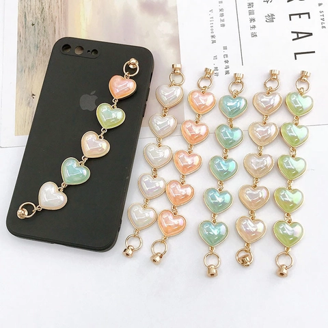 Acrylic Heart Mobile Phone Chain Women Resin Artificial Pearl Colorful Heart Shape Phone Case Decoration Hand Strap Ornament