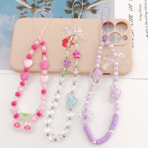 Handmade Acrylic Beaded Phone Chain Strap Heart Bowknot Sweet Aesthetic Mobile Phone Lanyard Anti-Lost Hanging Ornament