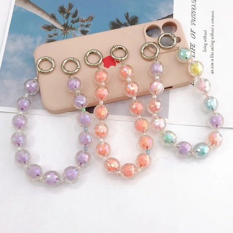 Chaîne de Téléphone en Perles Facettées en Acrylique Coloré Anti-Perte Poignée de Sac à Main Bijoux DIY Lanière Décorative avec Anneaux en Métal