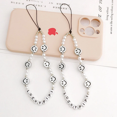 Fashion Beaded Phone Lanyard Charm Artificial Pearl Silver Smile Face Letter Bead Anti-Lost Phone Chain For Women Jewelry
