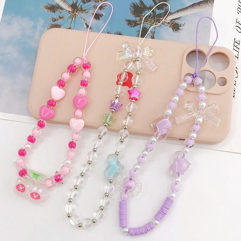 Handmade Acrylic Beaded Phone Chain Strap Heart Bowknot Sweet Aesthetic Mobile Phone Lanyard Anti-Lost Hanging Ornament