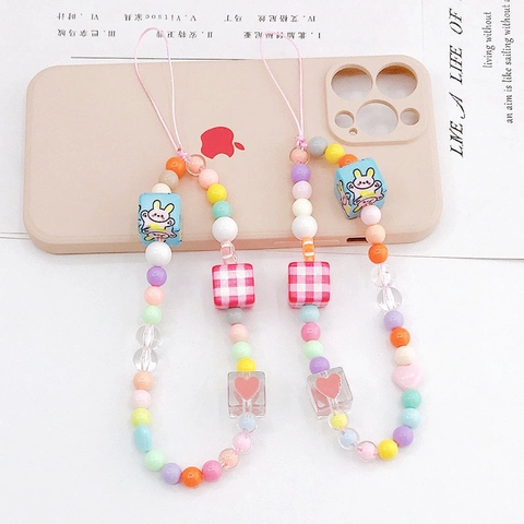 Handgefertigte Kawaii Hase Perlen Handykette Charme Macaron Bunte Herz Perlen Anti-Drop Handgelenk Riemen Damen Tech Zubehör