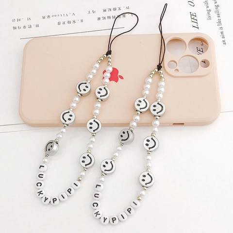 Fashion Beaded Phone Lanyard Charm Artificial Pearl Silver Smile Face Letter Bead Anti-Lost Phone Chain For Women Jewelry