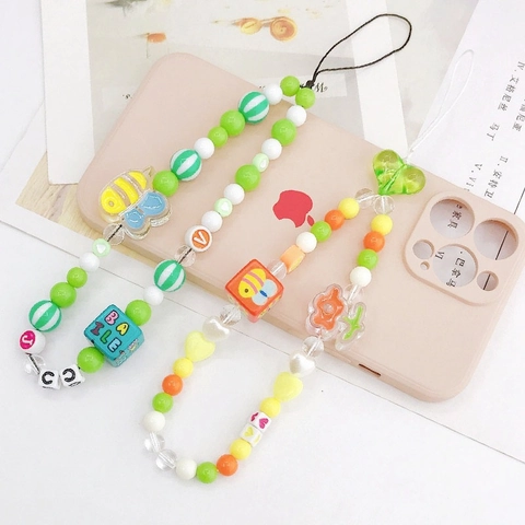 Little Bee Candy Color Beaded Phone Chain Resin Flower Anti-Loss Lanyard Cute Handcrafted Mobile Phone Case Charm Strap
