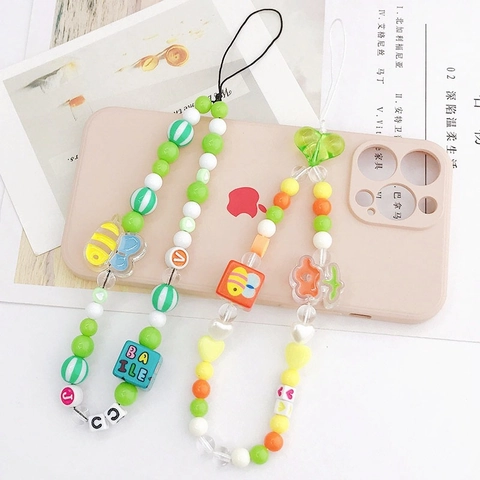 Little Bee Candy Color Beaded Phone Chain Resin Flower Anti-Loss Lanyard Cute Handcrafted Mobile Phone Case Charm Strap