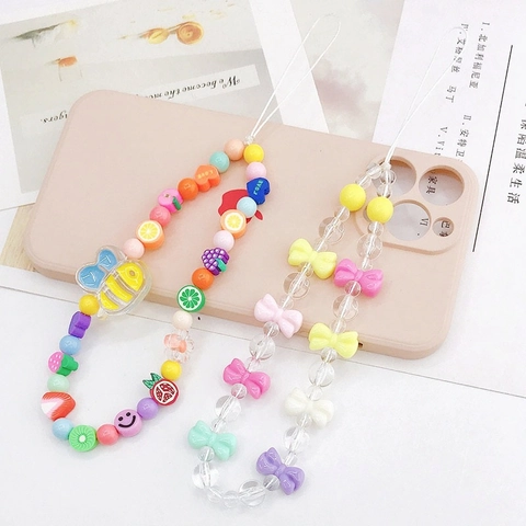 Sweet Y2K Acrylic Fruit Honeybee Bowknot Phone Charm Handmade Beaded Lanyard Anti-drop Wrist Strap For Women Girls Phone Accessories