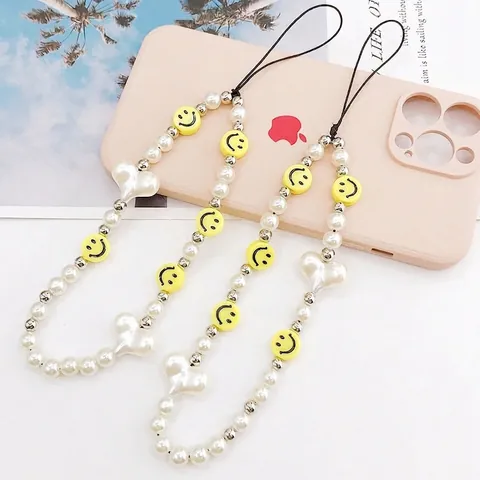 Acryl Smiley Gesicht Herz Handykette Mit Künstlichen Perlen Anti-Fall Koreanischer Stil Dekorative Mobile Handykette