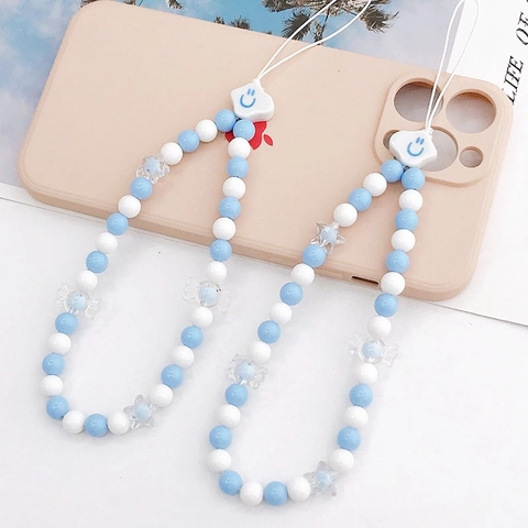 Acrylic Resin Beaded Phone Chain Sweet Smile Face Cloud Lanyard Anti-Drop Wrist Strap For Women Mobile Phone Decoration