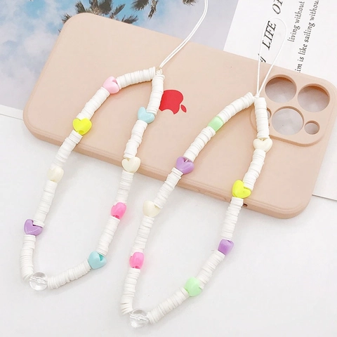 Handmade Colorful Heart Beaded Mobile Phone Lanyard Soft Clay Heishi Beads Phone Case Charm For Women Girls Anti-Loss Strap