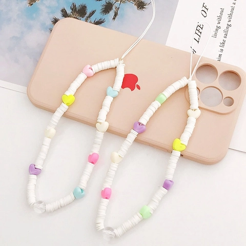 Handmade Colorful Heart Beaded Mobile Phone Lanyard Soft Clay Heishi Beads Phone Case Charm For Women Girls Anti-Loss Strap