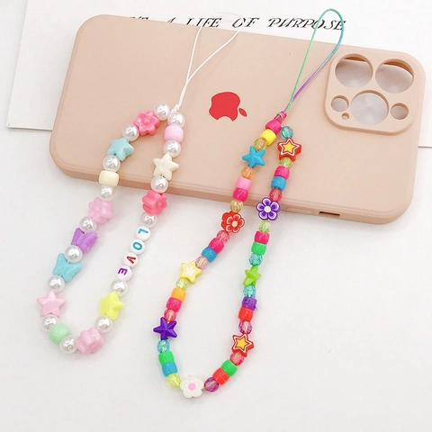 Handmade Colorful Beaded Phone Lanyard Plastic Resin Floral Butterfly Love Letter Pendant Phone Case Chain Strap For Women