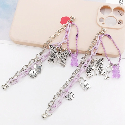 Cinturino per Telefono Viola Gummy Bear Y2K Farfalla Love Lock Charm Catena Decorativa in Resina Lega per Donna