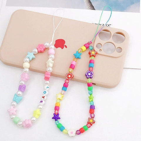 Handmade Colorful Beaded Phone Lanyard Plastic Resin Floral Butterfly Love Letter Pendant Phone Case Chain Strap For Women