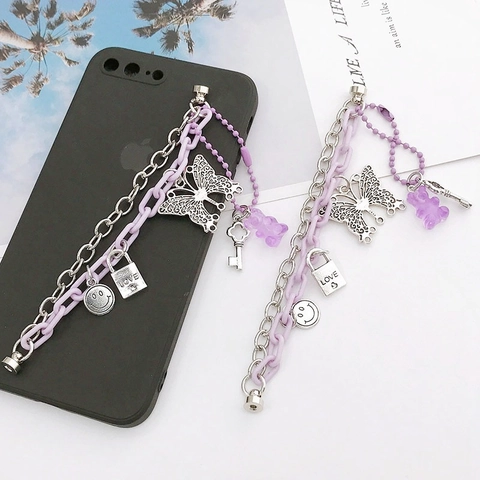 Cinturino per Telefono Viola Gummy Bear Y2K Farfalla Love Lock Charm Catena Decorativa in Resina Lega per Donna