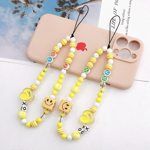 Colorful Beaded Phone Chain Strap With Smile Face Heart Alphabet Beads For Women Acrylic Bead Anti-Fall Phone Charm Lanyard Gift