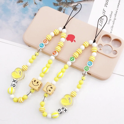 Colorful Beaded Phone Chain Strap With Smile Face Heart Alphabet Beads For Women Acrylic Bead Anti-Fall Phone Charm Lanyard Gift