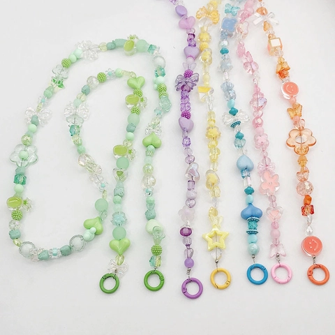 Colorful Beaded Crossbody Chain Bag Phone Case Hanging Strap For Women Plastic Resin Heart Star Pattern Shoulder Strap