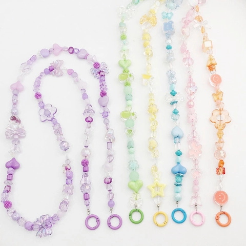 Colorful Beaded Crossbody Chain Bag Phone Case Hanging Strap For Women Plastic Resin Heart Star Pattern Shoulder Strap