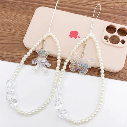 Fashion Faux Artificial Pearl Phone Strap With Holographic Bear Butterfly Pendant Sweet Heart Beads Mobile Phone Lanyard Anti-drop Wrist Chain For Women Girls